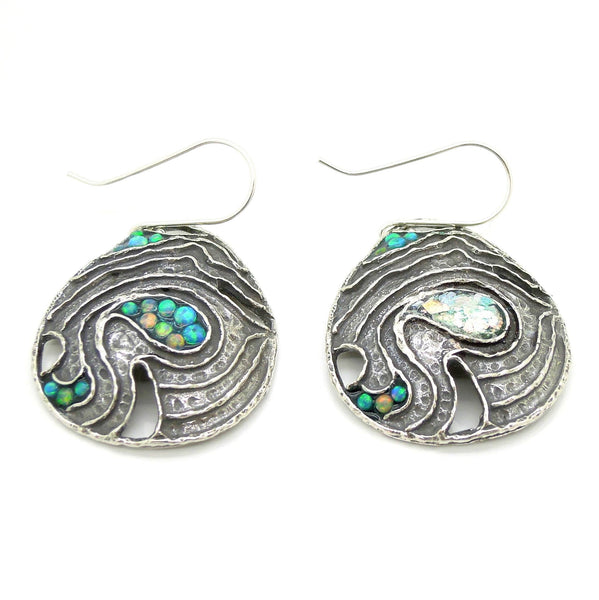 Earrings - Drop Shaped Silver Earrings With Mosaic Opal & Roman Glass Landscape Pattern