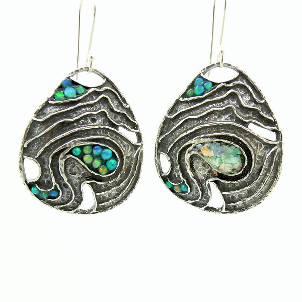 Earrings - Drop Shaped Silver Earrings With Mosaic Opal & Roman Glass Landscape Pattern