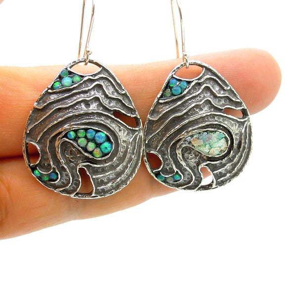Earrings - Drop Shaped Silver Earrings With Mosaic Opal & Roman Glass Landscape Pattern
