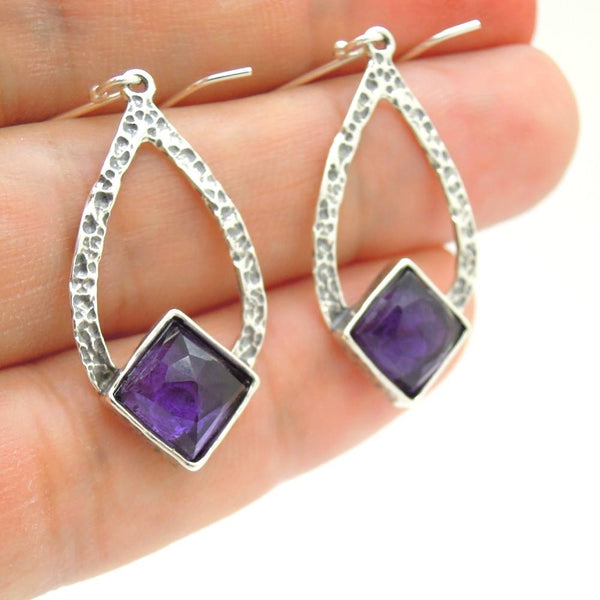 Earrings - Drop Shaped Sterling Silver Earrings With Amethyst