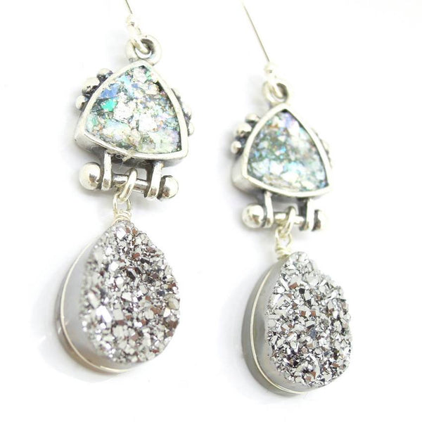 Earrings - Druzy Agate Platinum And Roman Glass Earrings