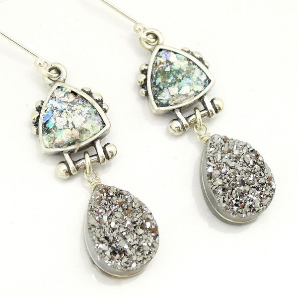 Earrings - Druzy Agate Platinum And Roman Glass Earrings