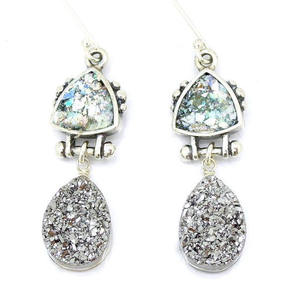 Earrings - Druzy Agate Platinum And Roman Glass Earrings