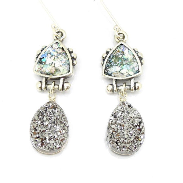 Earrings - Druzy Agate Platinum And Roman Glass Earrings