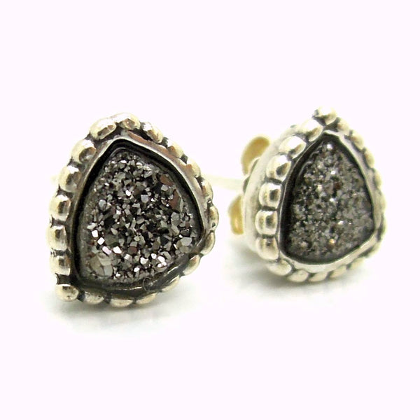 Earrings - Druzy Stud Earrings Set In Sterling Silver, Triangle Shape