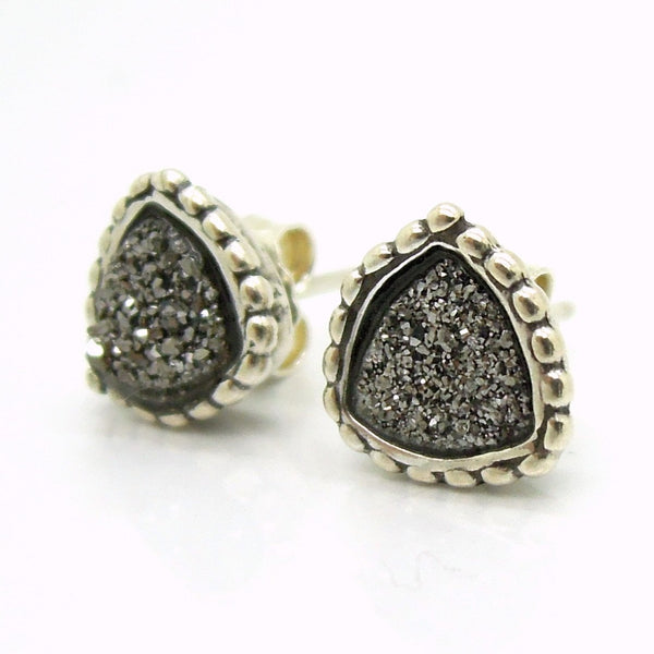 Earrings - Druzy Stud Earrings Set In Sterling Silver, Triangle Shape