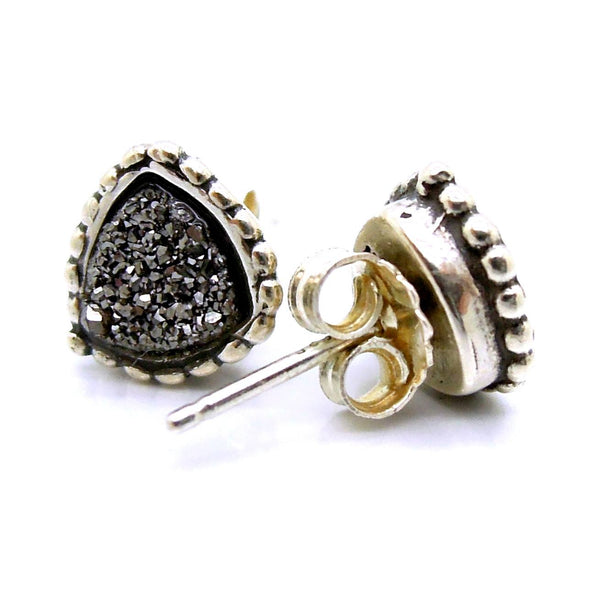 Earrings - Druzy Stud Earrings Set In Sterling Silver, Triangle Shape