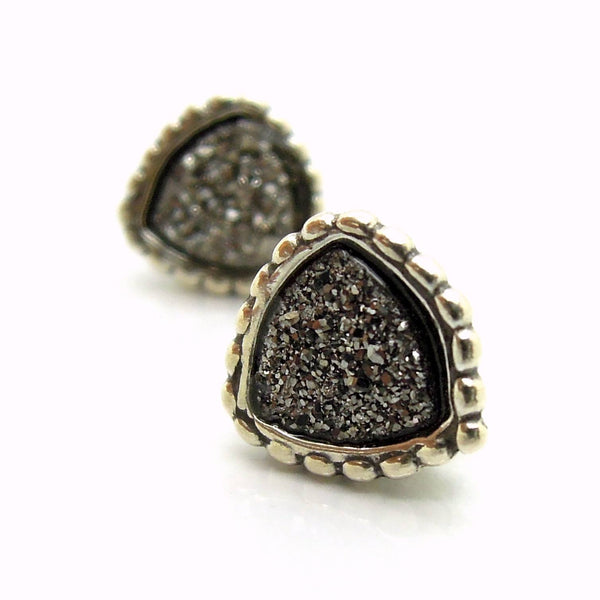 Earrings - Druzy Stud Earrings Set In Sterling Silver, Triangle Shape
