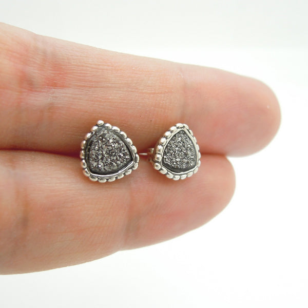 Earrings - Druzy Stud Earrings Set In Sterling Silver, Triangle Shape