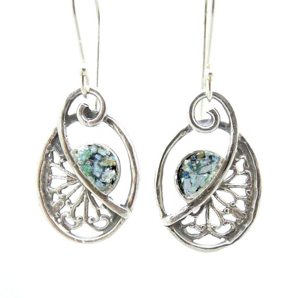 Earrings - Filigree Silver Earrings With Roman Glass