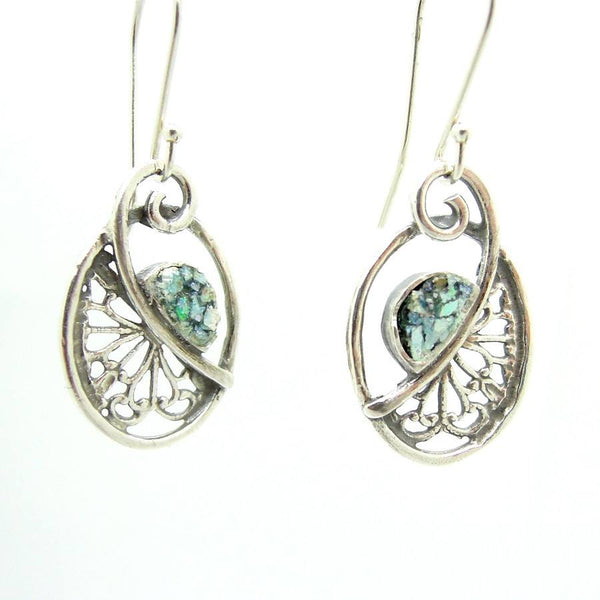 Earrings - Filigree Silver Earrings With Roman Glass