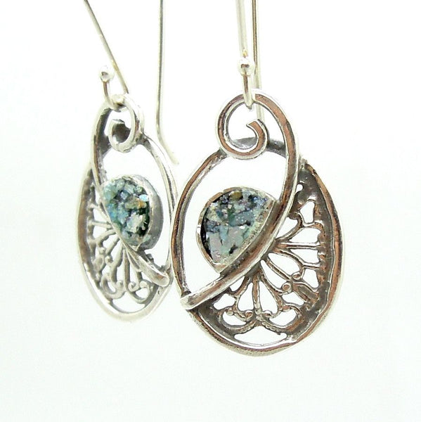 Earrings - Filigree Silver Earrings With Roman Glass