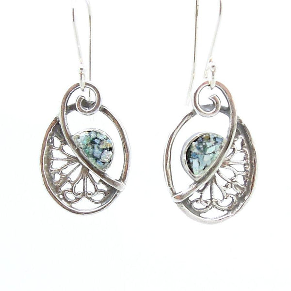 Earrings - Filigree Silver Earrings With Roman Glass