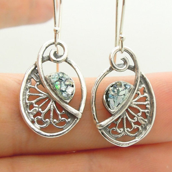 Earrings - Filigree Silver Earrings With Roman Glass