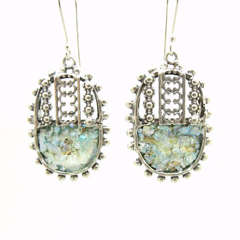 Earrings - Filigree Sterling Silver Oval Earrings With Roman Glass