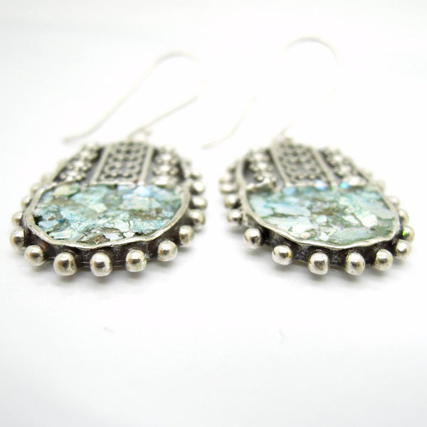 Earrings - Filigree Sterling Silver Oval Earrings With Roman Glass