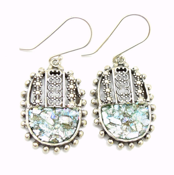 Earrings - Filigree Sterling Silver Oval Earrings With Roman Glass