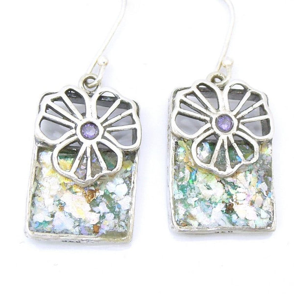 Earrings - Flower Earrings With Square Roman Glass & A Purple Zircon