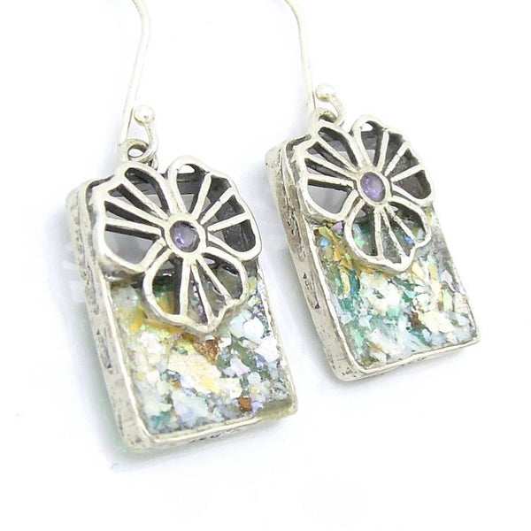 Earrings - Flower Earrings With Square Roman Glass & A Purple Zircon