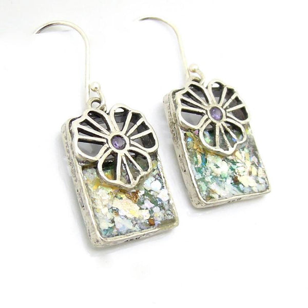 Earrings - Flower Earrings With Square Roman Glass & A Purple Zircon
