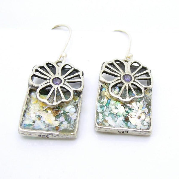 Earrings - Flower Earrings With Square Roman Glass & A Purple Zircon