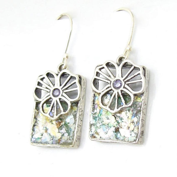 Earrings - Flower Earrings With Square Roman Glass & A Purple Zircon