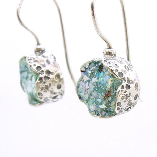 Earrings - Flower Shaped Roman Glass Earrings In Sterling Silver