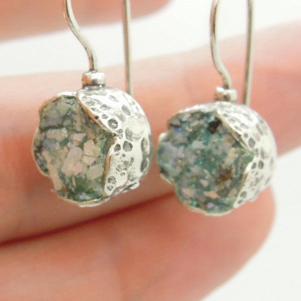 Earrings - Flower Shaped Roman Glass Earrings In Sterling Silver