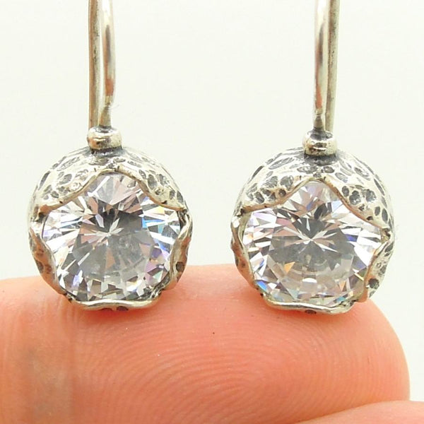 Earrings - Flower Shaped White Zircon Earrings In Sterling Silver