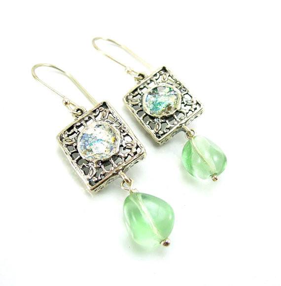 Earrings - Fluorite Stone And Roman Glass Earrings