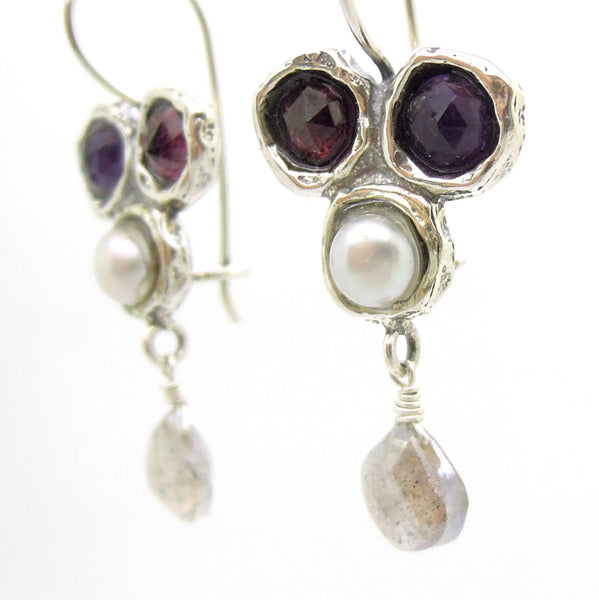 Earrings - Gemstone Earrings Set In Sterling Silver With A Garnet, Purple Zircon, White Pearl And A Labradorite