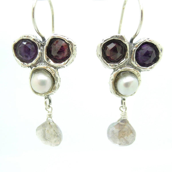 Earrings - Gemstone Earrings Set In Sterling Silver With A Garnet, Purple Zircon, White Pearl And A Labradorite