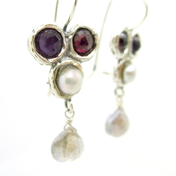Earrings - Gemstone Earrings Set In Sterling Silver With A Garnet, Purple Zircon, White Pearl And A Labradorite