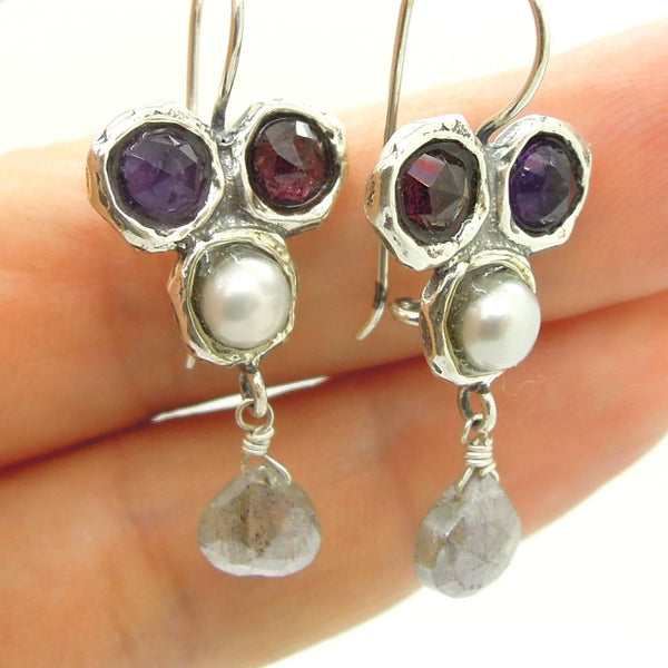 Earrings - Gemstone Earrings Set In Sterling Silver With A Garnet, Purple Zircon, White Pearl And A Labradorite