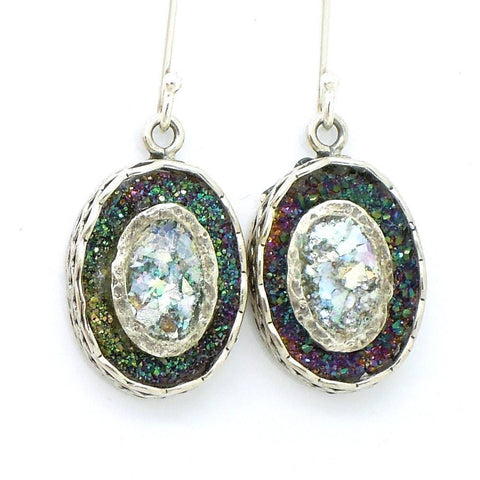 Earrings - Gemstone Earrings With Green Druzy Agate & Roman Glass