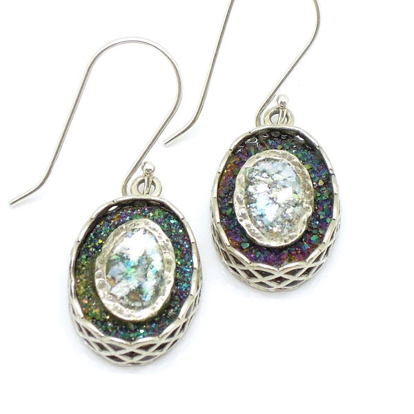 Earrings - Gemstone Earrings With Green Druzy Agate & Roman Glass