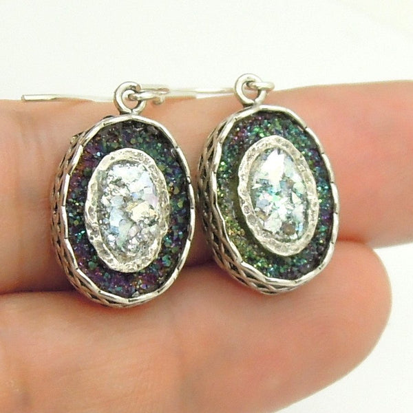 Earrings - Gemstone Earrings With Green Druzy Agate & Roman Glass