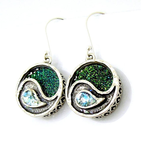 Earrings - Green Druzy Agate And Roman Glass Yin Yang Earrings