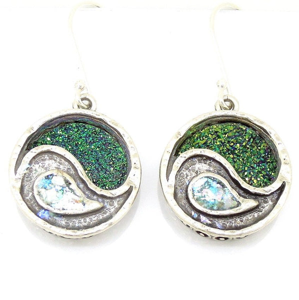 Earrings - Green Druzy Agate And Roman Glass Yin Yang Earrings
