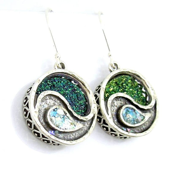 Earrings - Green Druzy Agate And Roman Glass Yin Yang Earrings
