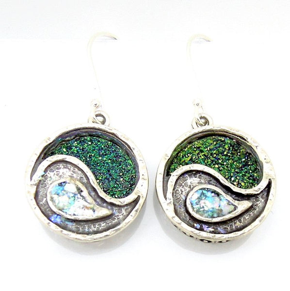 Earrings - Green Druzy Agate And Roman Glass Yin Yang Earrings