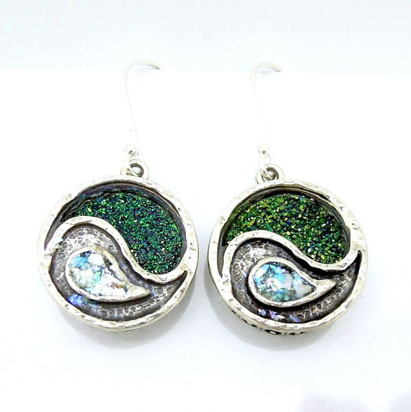 Earrings - Green Druzy Agate And Roman Glass Yin Yang Earrings