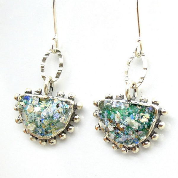 Earrings - Half Circle Silver And Roman Glass Earrings