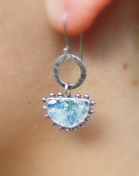 Earrings - Half Circle Silver And Roman Glass Earrings