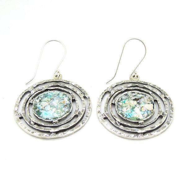 Earrings - Hammered Roman Glass And Silver Earrings