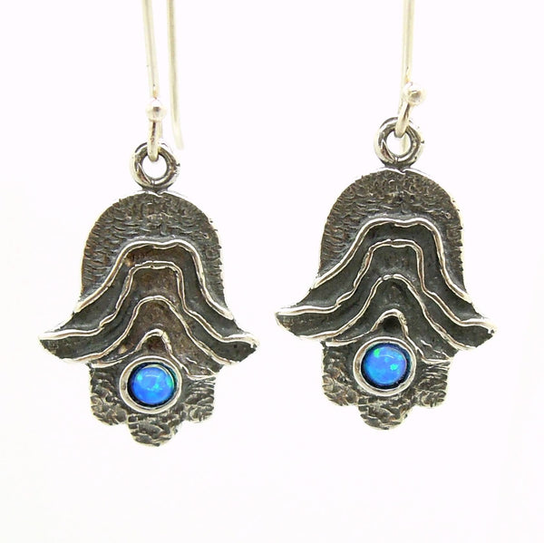 Earrings - Hamsa Hand Earrings With Opal Set In Sterling Silver