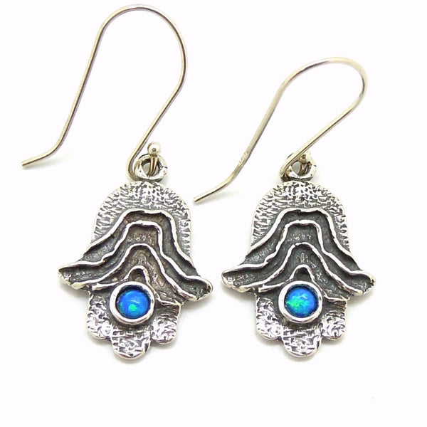 Earrings - Hamsa Hand Earrings With Opal Set In Sterling Silver