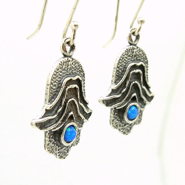 Earrings - Hamsa Hand Earrings With Opal Set In Sterling Silver