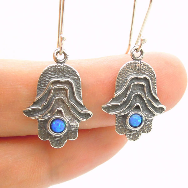 Earrings - Hamsa Hand Earrings With Opal Set In Sterling Silver