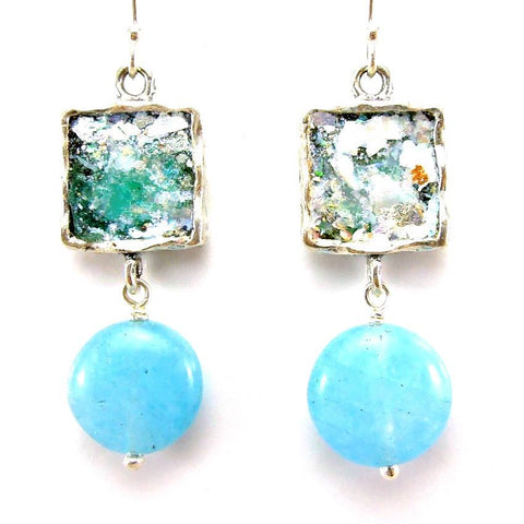 Earrings - Hanging Aquamarine And Roman Glass Silver Earrings